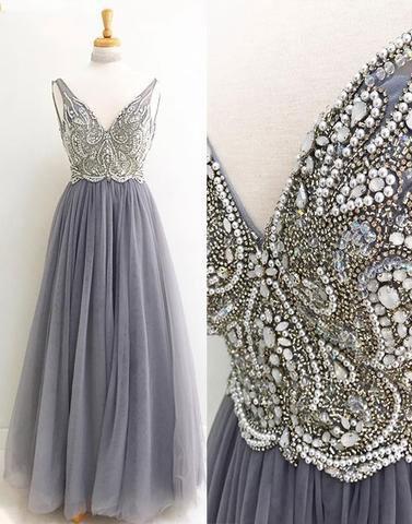 BohoProm prom dresses A-line V-Neck Floor-Length Tulle Rhine Stone Beaded Prom Dresses 2830