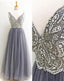 A-line V-Neck Floor-Length Tulle Rhine Stone Beaded Prom Dresses 2830