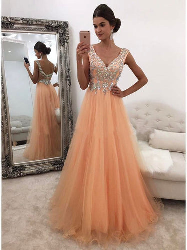 BohoProm prom dresses A-line V-Neck Floor-Length Tulle Rhine Stone Prom Dresses 2789