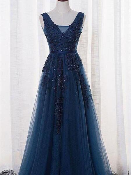 BohoProm prom dresses A-line V-Neck Floor-Length Tulle Royal Blue Appliqued Prom Dresses HX00112