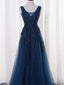 A-line V-Neck Floor-Length Tulle Royal Blue Appliqued Prom Dresses HX00112