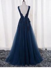 BohoProm prom dresses A-line V-Neck Floor-Length Tulle Royal Blue Appliqued Prom Dresses HX00112