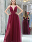 A-line V-Neck Floor-Lentgh Tulle Split Prom Dresses 2833