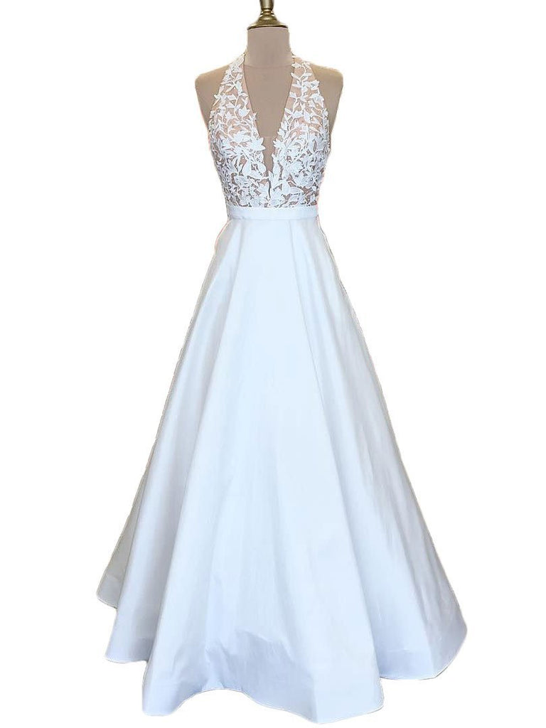 BohoProm prom dresses A-line  V-Neck Halter Floor-Length Satin Appliqued Prom Dresses 2842