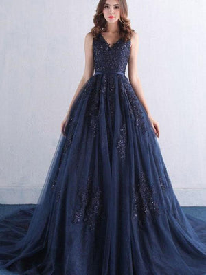 BohoProm prom dresses A-line V-neck Lace Appliqued Navy Blue Prom Dresses with Chapel Train,3352