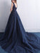 BohoProm prom dresses A-line V-neck Lace Appliqued Navy Blue Prom Dresses with Chapel Train,3352
