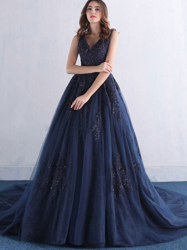 BohoProm prom dresses A-line V-neck Lace Appliqued Navy Blue Prom Dresses with Chapel Train,3352