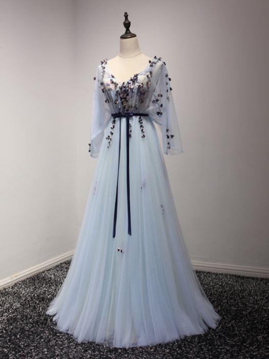 BohoProm prom dresses A-line V-neck Sweep Train Chiffon Appliqued Mist Prom Dresses ASD26771