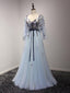 A-line V-neck Sweep Train Chiffon Appliqued Mist Prom Dresses ASD26771