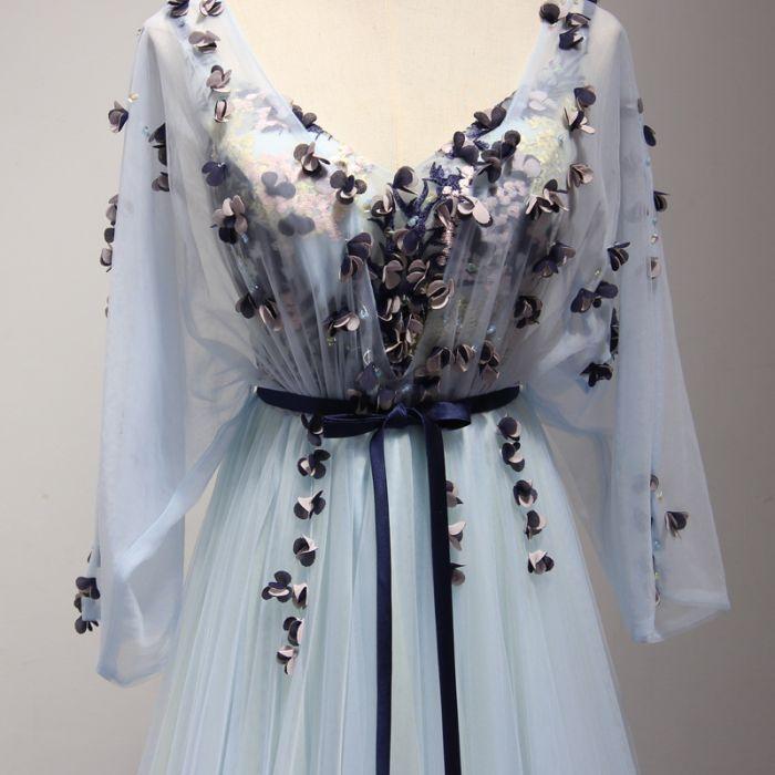BohoProm prom dresses A-line V-neck Sweep Train Chiffon Appliqued Mist Prom Dresses ASD26771