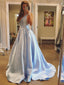 A-Line V-neck Sweep Train Satin Simple Prom Dress 3101