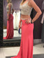 A-line V-neck Sweep Train Satin Two Piece Prom Dresses With Sequins HX0076