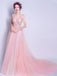 BohoProm prom dresses A-line V-Neck Sweep Train Tulle Appliqued Beaded Blushing Pink Prom Dresses ASD27000
