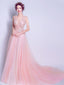 A-line V-Neck Sweep Train Tulle Appliqued Beaded Blushing Pink Prom Dresses ASD27000