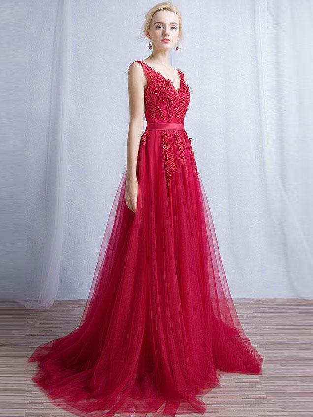 BohoProm prom dresses A-line V-neck Sweep Train Tulle Appliqued Beaded Red Prom Dresses 3015