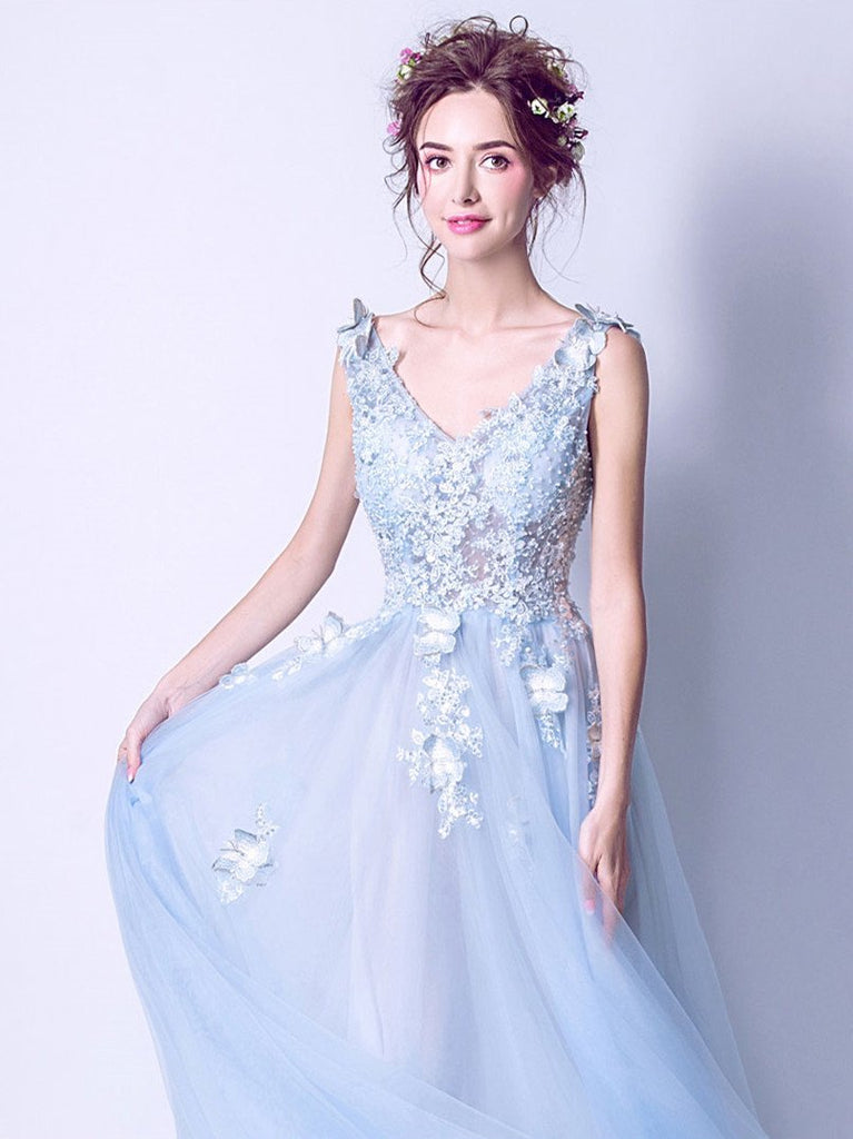 BohoProm prom dresses A-line V-Neck Sweep Train Tulle Appliqued Beaded Sky Blue Prom Dresses ASD27004