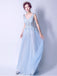 BohoProm prom dresses A-line V-Neck Sweep Train Tulle Appliqued Beaded Sky Blue Prom Dresses ASD27004