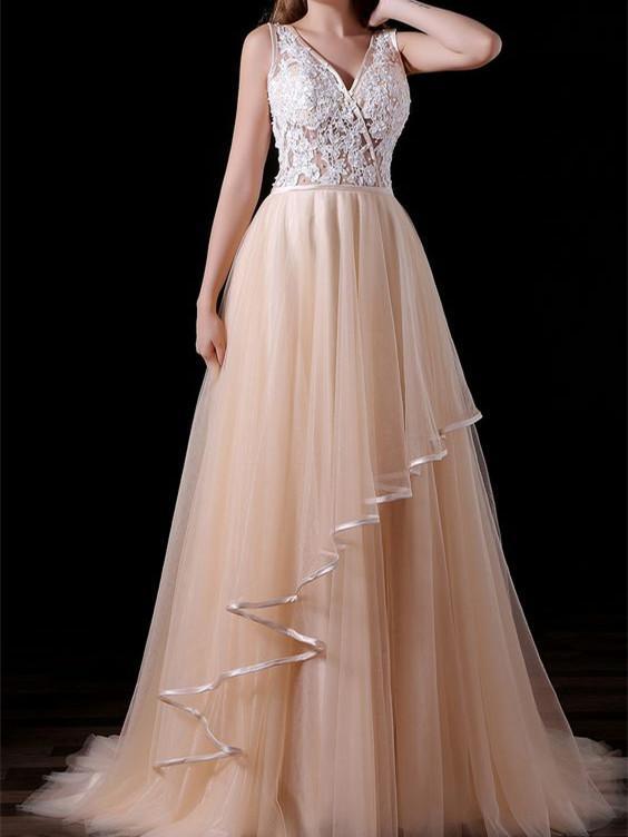 BohoProm prom dresses A-line V-neck Sweep Train Tulle Appliqued Prom Dresses ASD2624