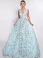 A-line V-neck Sweep Train Tulle Appliqued Prom Dresses With Flowers ASD26772