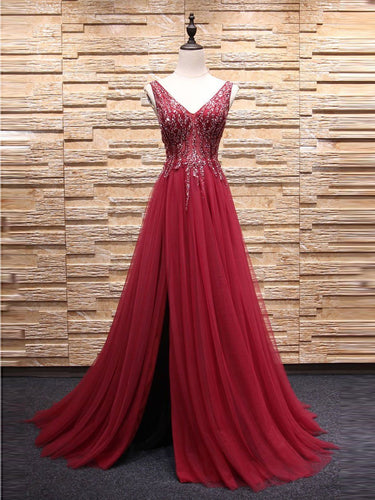 BohoProm prom dresses A-line V-neck Sweep Train Tulle Rhinestone Beaded Prom Dresses 3011