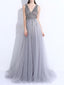 A-line V-neck Sweep Train Tulle Sequin Prom Dresses ASD2691
