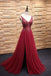 A-line V-neck Sweep Train Tulle Rhinestone Beaded Prom Dresses 3011