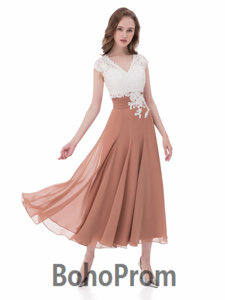 BohoProm prom dresses A-line V-Neck Tea-Length Chiffon Appliqued prom Dresses 3057