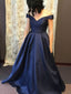 Alluring Satin Off-the-shoulder Neckline Sweep Train A-line Prom Dresses With Pleats PD014