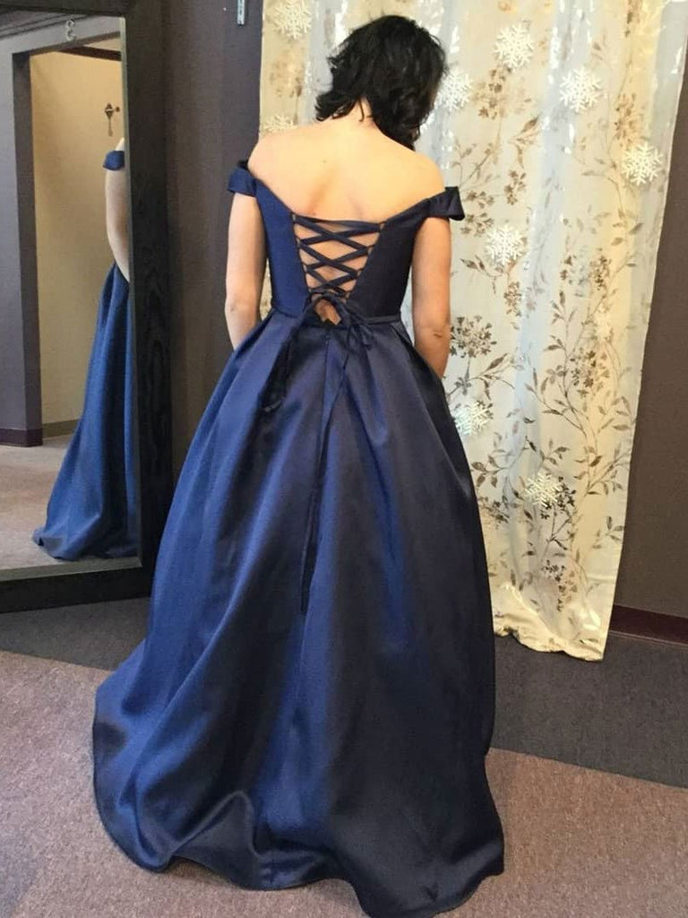 BohoProm prom dresses Alluring Satin Off-the-shoulder Neckline Sweep Train A-line Prom Dresses With Pleats PD014