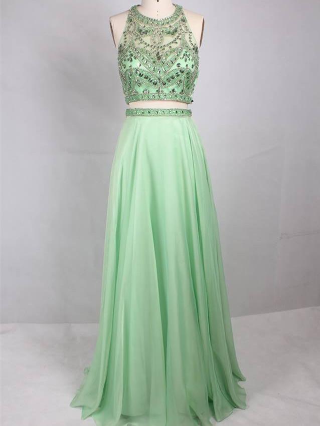 BohoProm prom dresses Attractive Chiffon Jewel Neckline 2 Pieces A-line Prom Dresses With Rhinestones PD215
