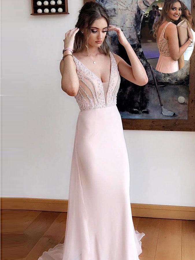 BohoProm prom dresses Attractive Chiffon V-neck Neckline Sheath Prom Dresses With Beadings PD206