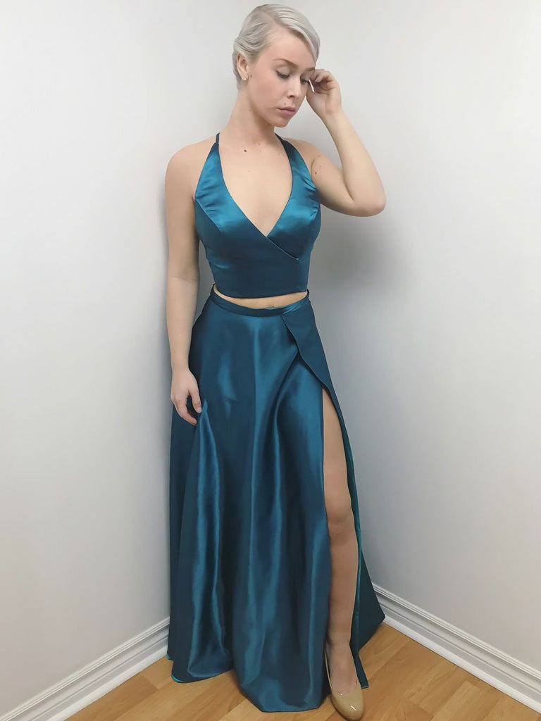 BohoProm prom dresses Attractive Satin Halter Neckline 2 Pieces A-line Prom Dresses With Slit PD081