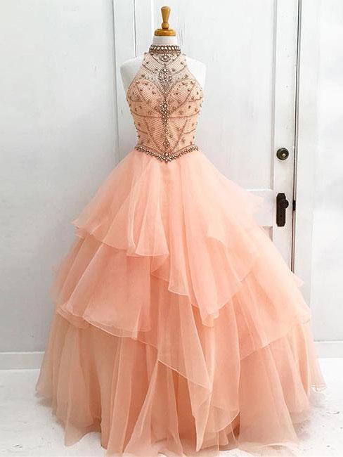 BohoProm prom dresses Ball-Gown Halter High-neck Sweep Train Tulle Beaded Prom Dresses 2876