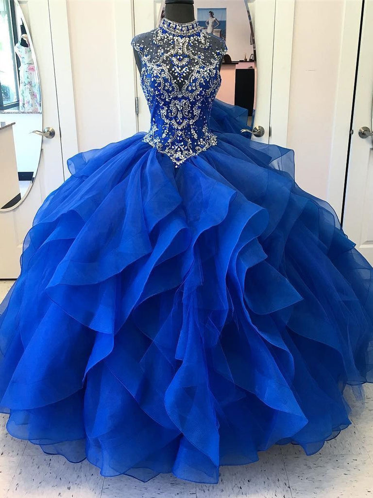 BohoProm prom dresses Ball-Gown High-Neck Chapel Train Organza Rhine Stone Prom Dresses 2860