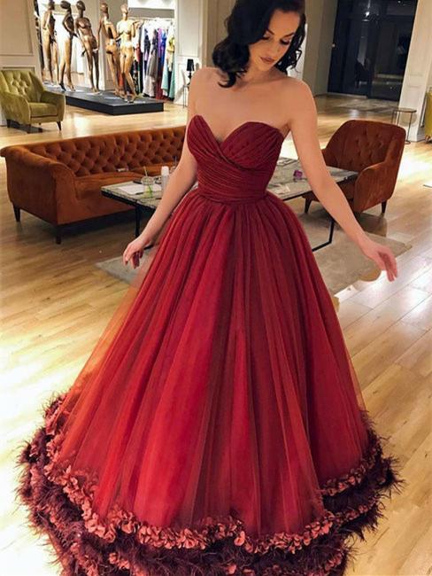 BohoProm prom dresses Ball-Gown Sweetheart Floor-Length Tulle Burgundy Long Prom Dresses HX0090