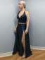 Beautiful Satin V-neck Neckline 2 Pieces A-line Prom Dresses With Slit PD072