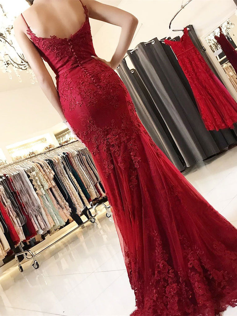 BohoProm prom dresses Beautiful Tulle Spaghetti Straps Neckline Sweep Train Mermaid Prom Dresses With Beaded Appliques PD010
