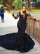 BohoProm prom dresses Black Lace Long Sleeves Mermaid Prom Dresses with Long Train,3366