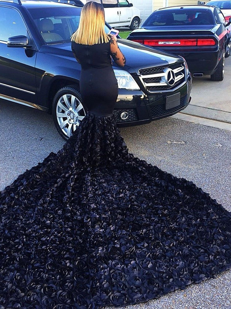 BohoProm prom dresses Black Lace Long Sleeves Mermaid Prom Dresses with Long Train,3366