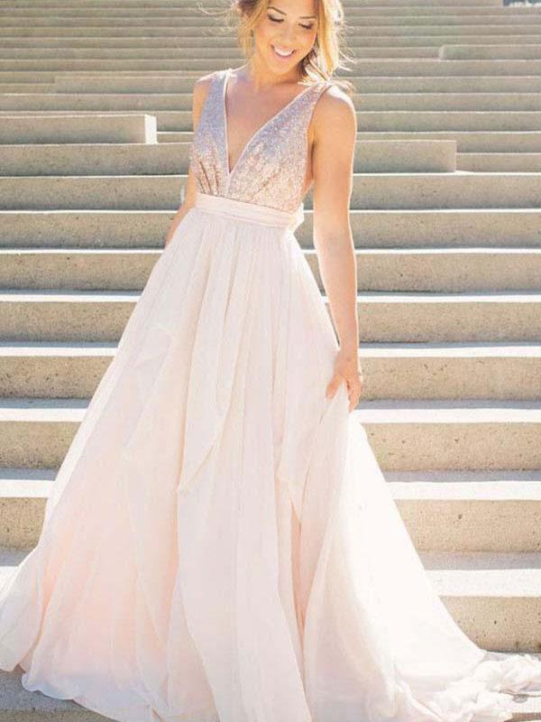 BohoProm prom dresses Brilliant Tulle V-neck Neckline Chapel Train A-line Prom Dresses With Sequins PD094