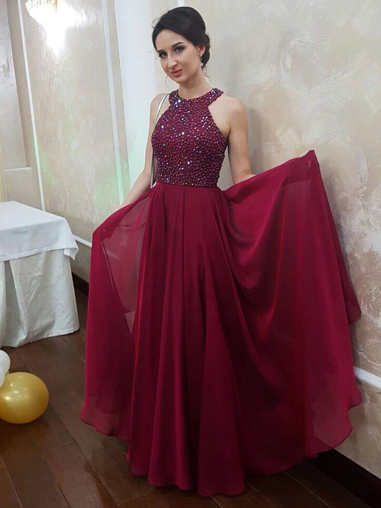BohoProm prom dresses Charming Chiffon Jewel Neckline Floor-length A-line Prom Dresses With Rhinestones PD066