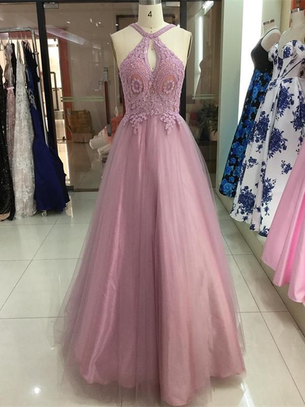 BohoProm prom dresses Charming Tulle Halter Neckline A-line Prom Dresses With Beaded Appliques PD225
