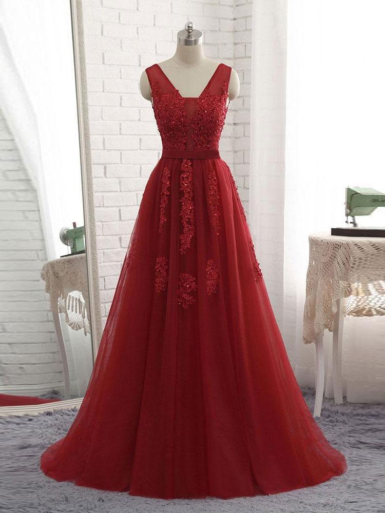 BohoProm prom dresses Charming Tulle V-neck Neckline Chapel Train A-line Prom Dresses With Beaded Appliques PD031