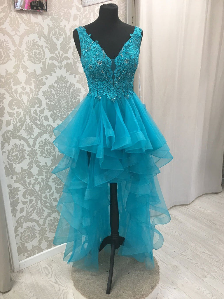 BohoProm prom dresses Charming Tulle V-neck Neckline Hi-lo Length A-line Prom Dresses With Beaded Appliques PD150