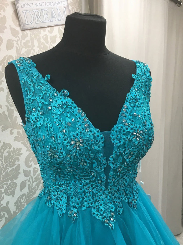 BohoProm prom dresses Charming Tulle V-neck Neckline Hi-lo Length A-line Prom Dresses With Beaded Appliques PD150
