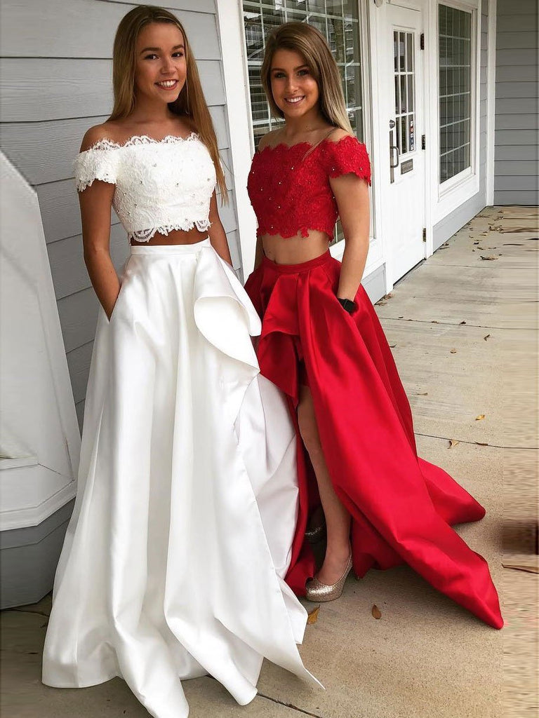 BohoProm prom dresses Chic Satin Off-the-shoulder Neckline Floor-length Two-piece A-line Prom Dresses With Beaded Appliques PD006
