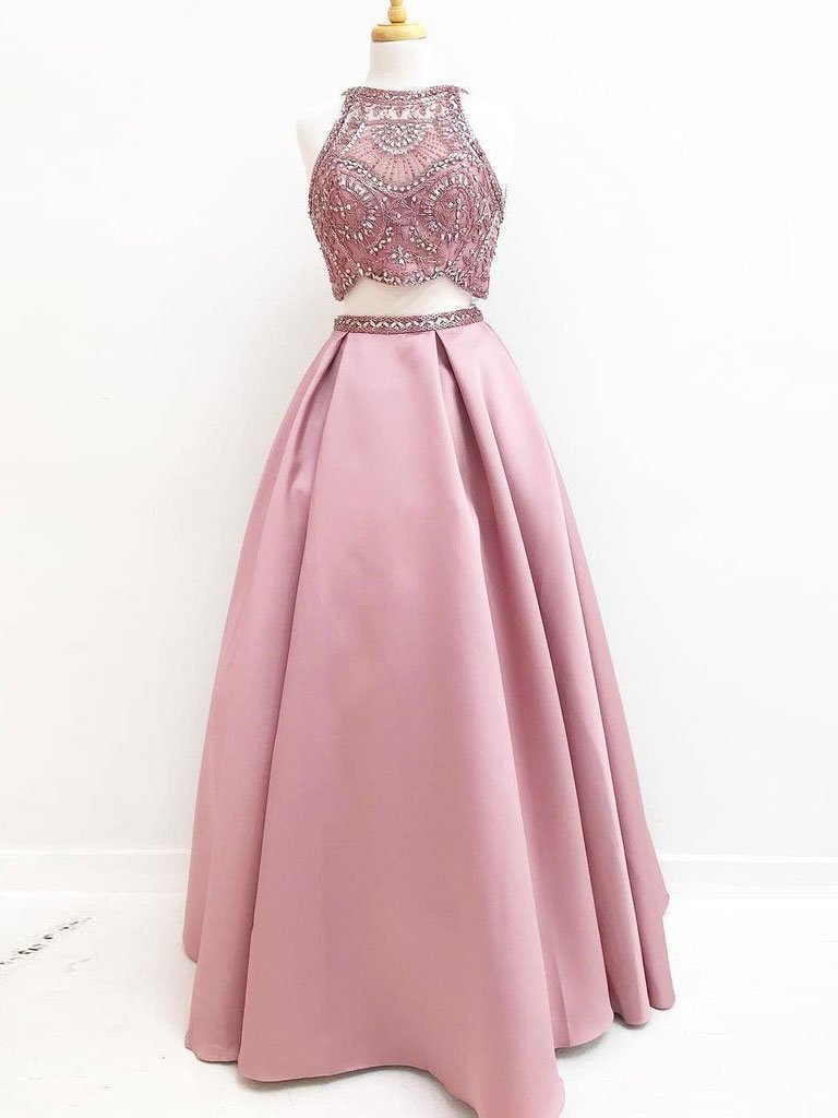 BohoProm prom dresses Chic Tulle & Satin Jewel Neckline 2 Pieces A-line Prom Dresses With Beadings PD096