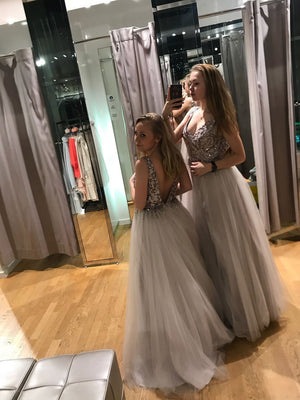 BohoProm prom dresses Chic Tulle V-neck Neckline Floor-length A-line Prom Dresses With Beadings PD032