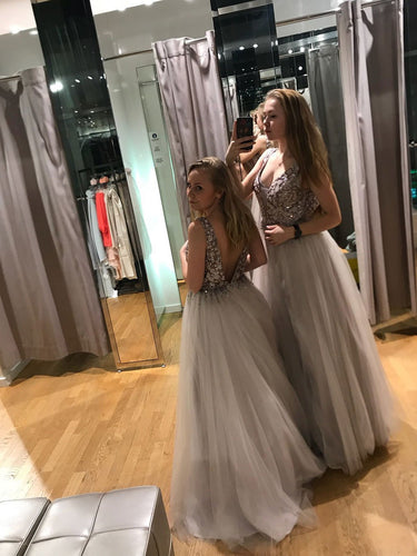 BohoProm prom dresses Chic Tulle V-neck Neckline Floor-length A-line Prom Dresses With Beadings PD032