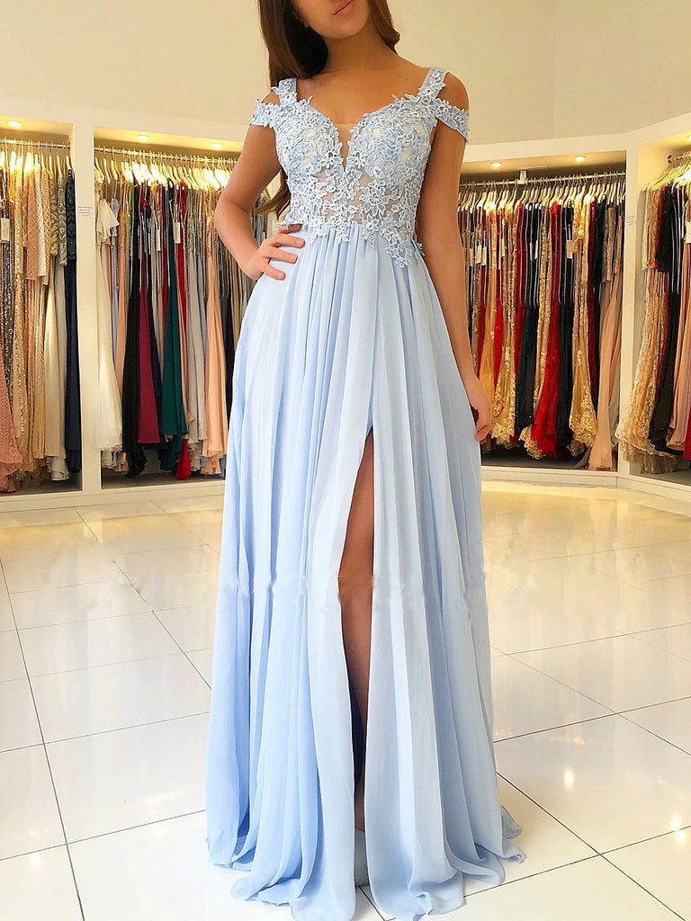 BohoProm prom dresses Delicate Chiffon V-neck Neckline Sweep Train A-line Prom Dresses With Appliques PD023